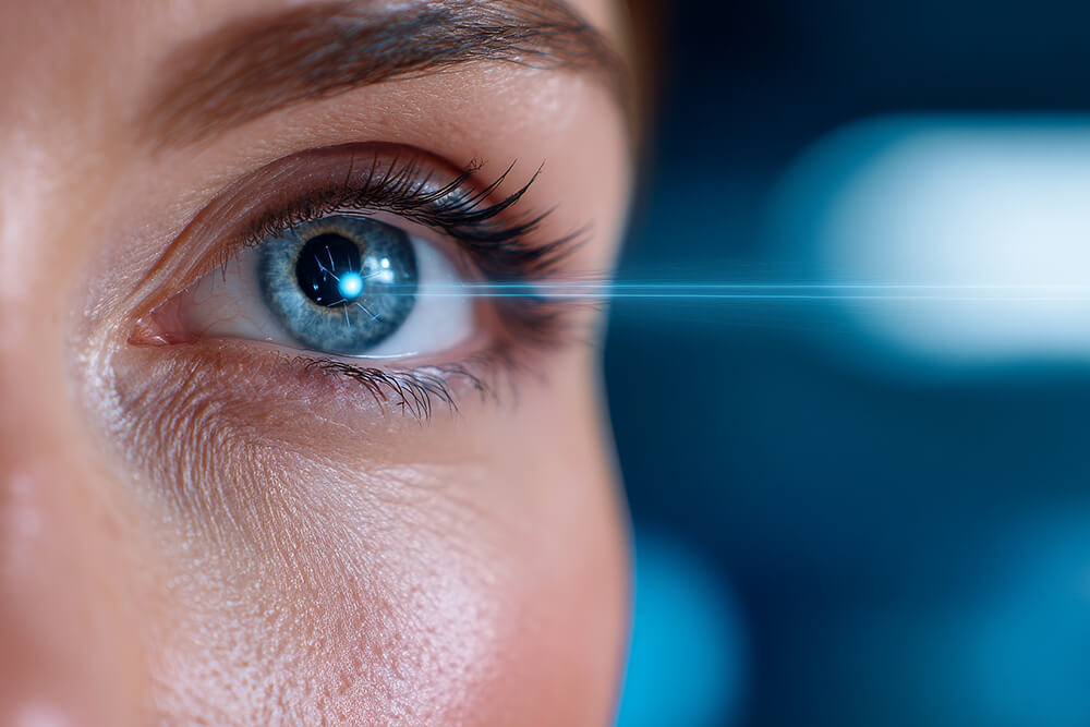Nahaufnahme eines blauen Auges mit digital eingefügtem Lichtstrahl auf die Pupille gerichtet